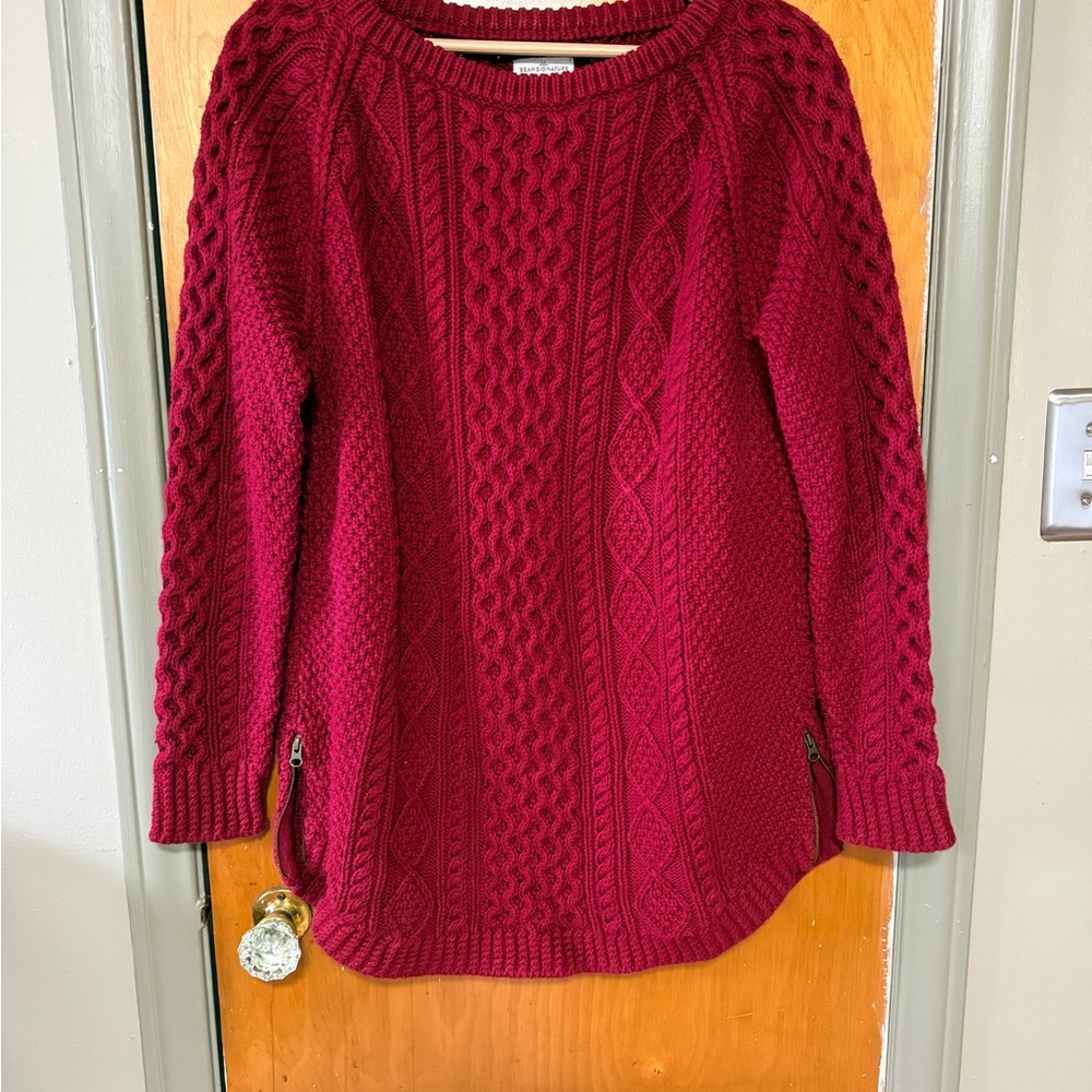 L.L. Bean Women's Cable Knit Sweater with  Side Zipper Detail - Cranberry Red